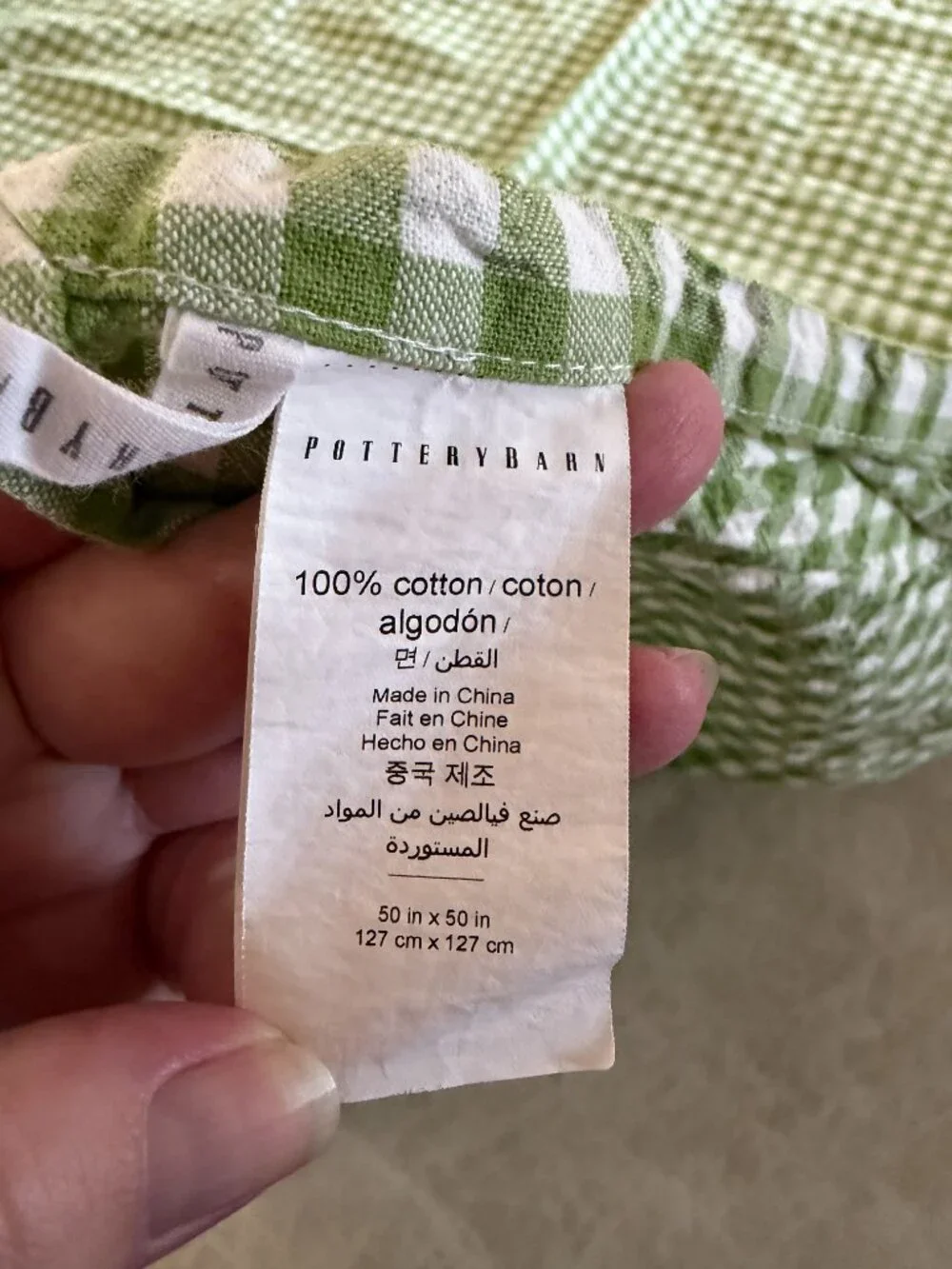 Pottery Barn Green Gingham Cotton Tablecloth 50x50 Farmhouse Cottagecore Picnic